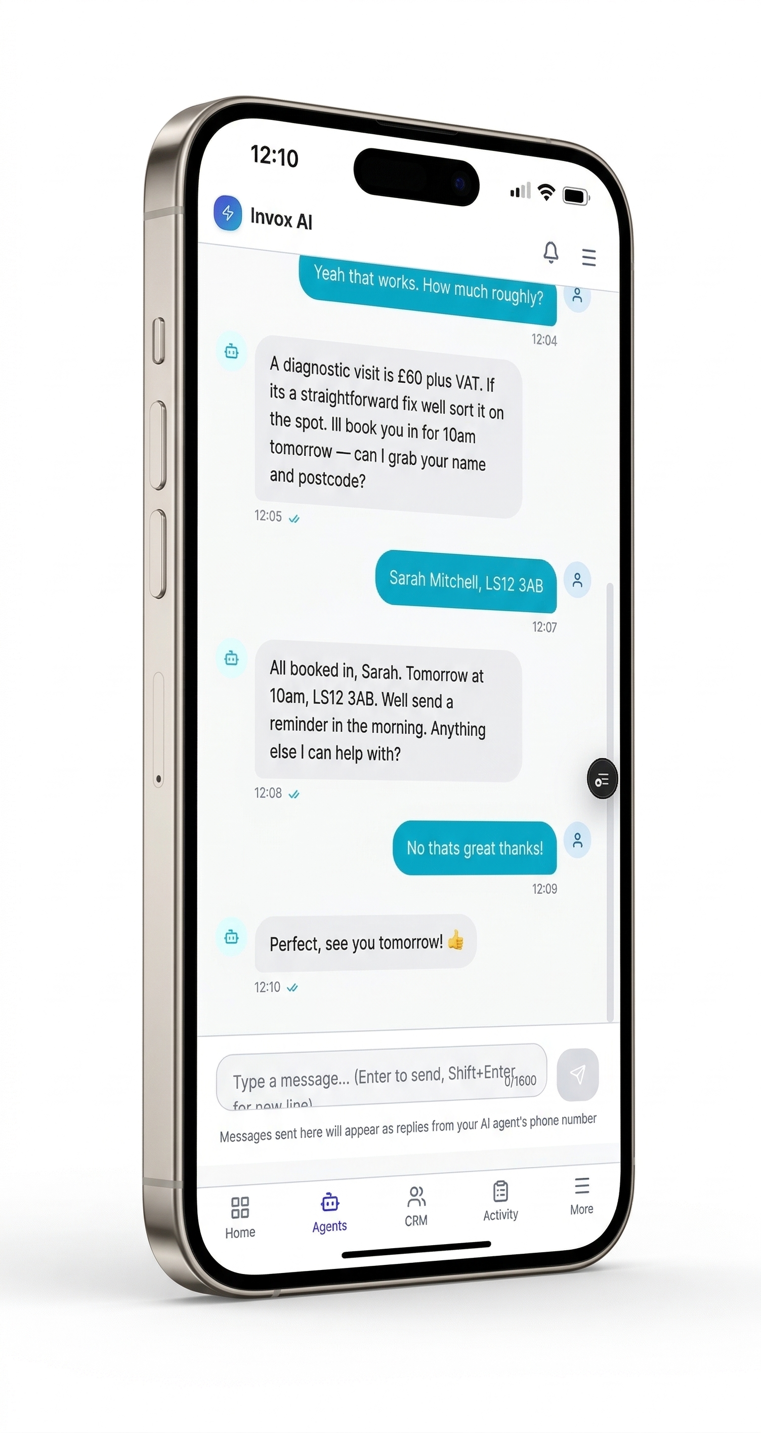 iPhone showing Invox AI SMS conversation
